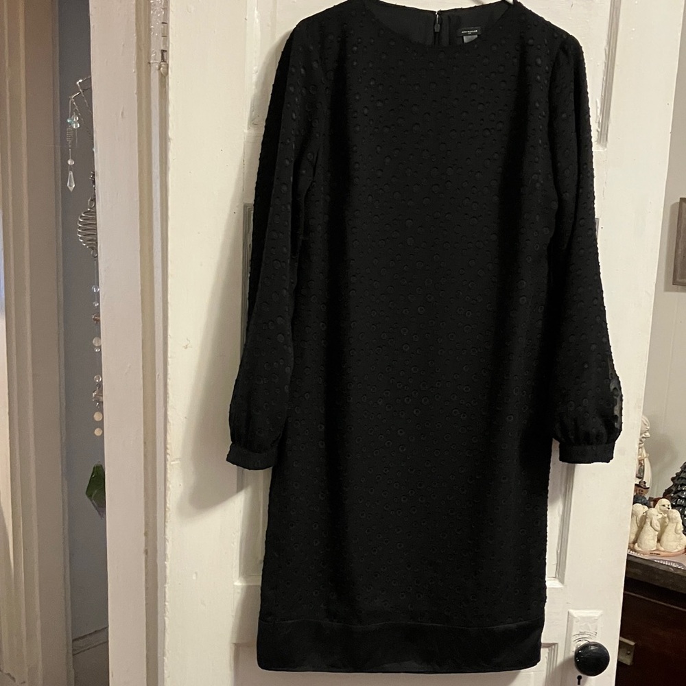 Ann Taylor black poly chiffon with mini dots all over , fully lined Sz 14. Bust